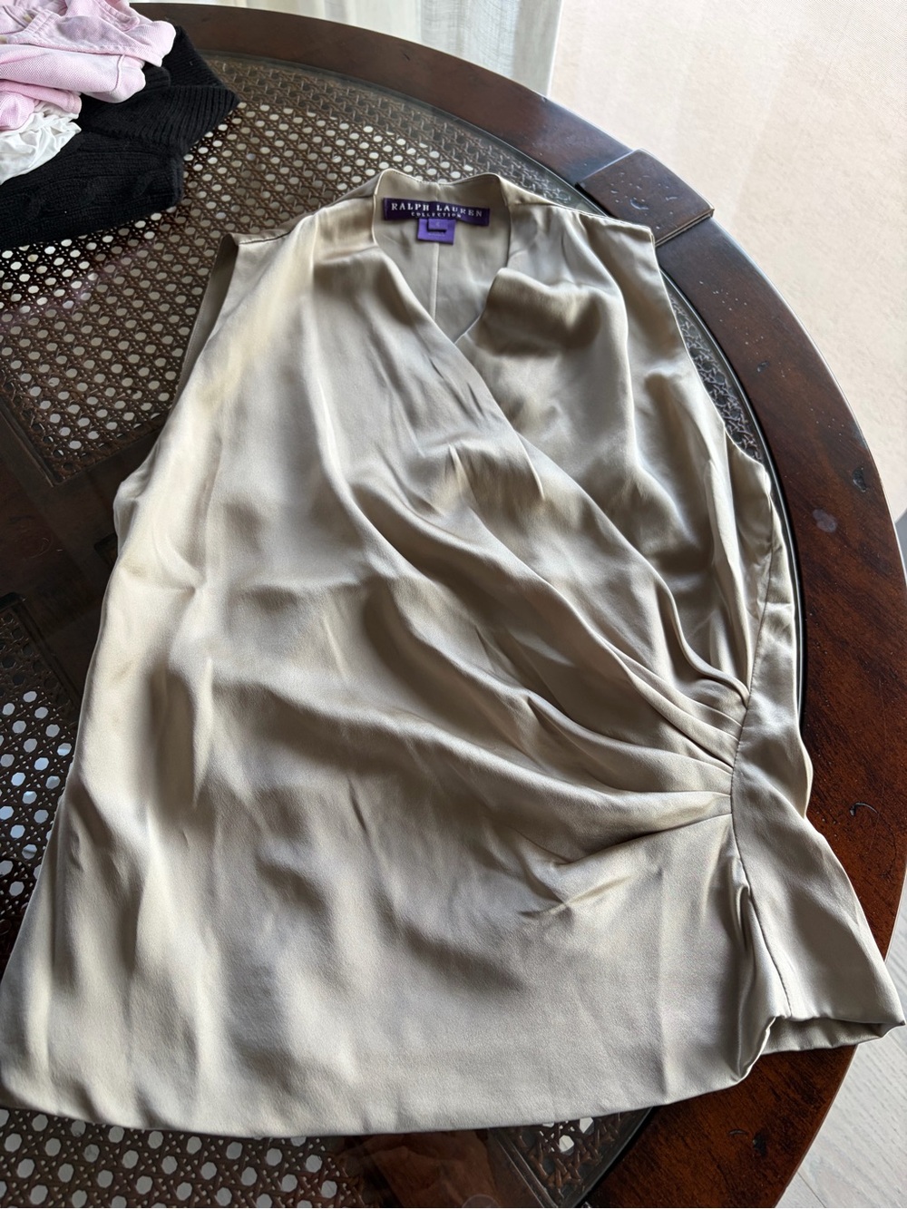 Ralph Lauren Purple Label Sleeveless Silk Wrap-Style Blouse in Taupe - Picture 2 of 5